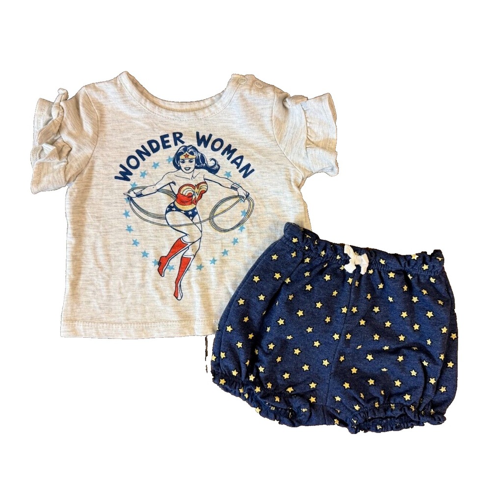 DC Comics Wonder Woman Baby Girl 3/6 Months Clothes 2 PC Outfit Shirt Shorts 2